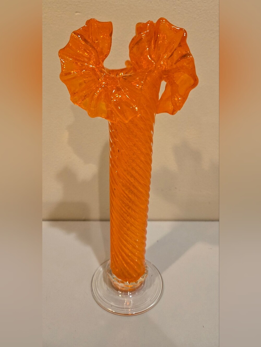 Vintage Hand Blown Art Glass Ruffled Top Twisted rope Column Orange Vase